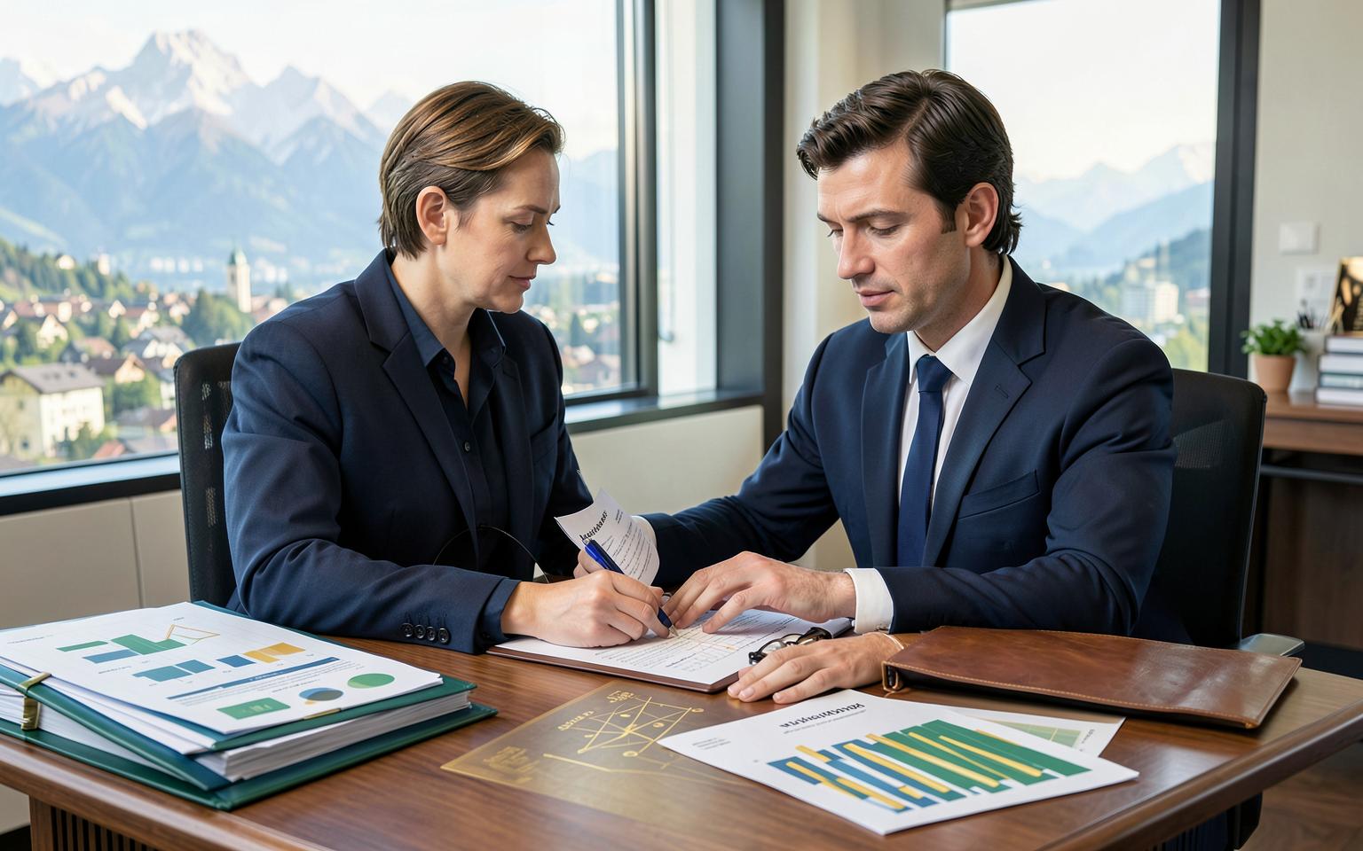 Buyers analysing a company dossier and preparing the next steps